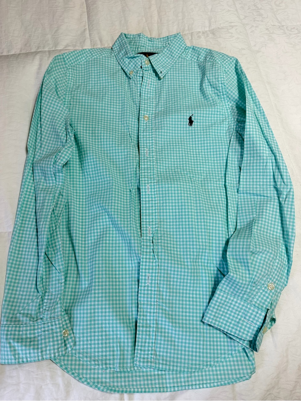 Polo Ralph Lauren Boys L 14-16 Aqua Gingham Button Down Shirt Long Sleeve